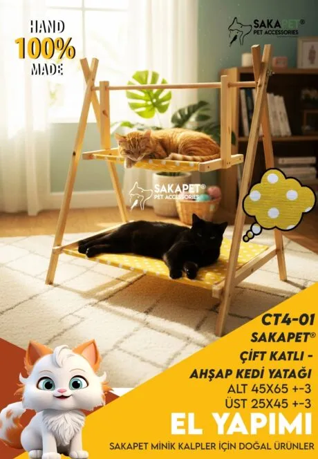 Çift Katlı Ahşap Kedi Yatağı CT4-01