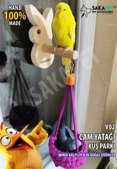 Muhabbet Kuşu Vantuzlu Cam Tüneği ve Yataklı Kuş Parkı – El Yapımı Ahşap (V02)