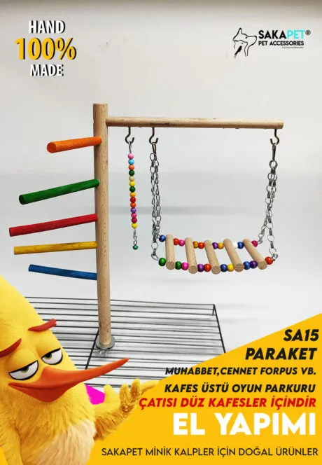 Kafes Üstü Kuş Oyun Parkuru – Merdivenli ve Zincirli Salıncaklı El Yapımı Ahşap Parkur (SA15)
