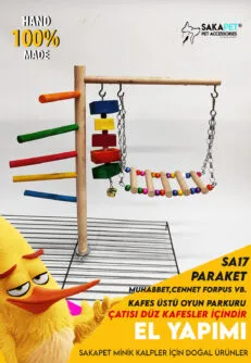 Kafes Üstü Kuş Oyun Parkuru – Kemirme Oyuncaklı El Yapımı Ahşap Parkur (SA17)