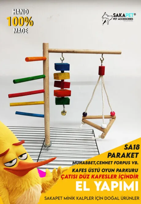 Kafes Üstü Kuş Oyun Parkuru – Merdivenli, Salıncaklı ve Kemirme Oyuncaklı El Yapımı Ahşap Parkur (SA18)