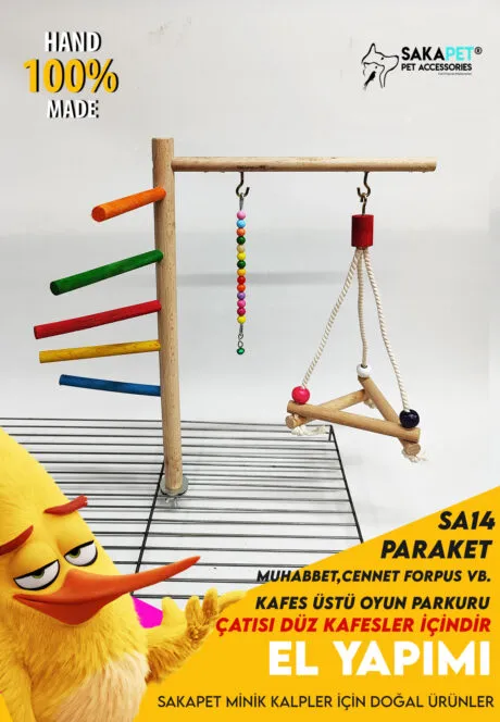 Kafes Üstü Kuş Oyun Parkuru – Merdivenli ve Salıncaklı El Yapımı Ahşap Parkur (SA14)
