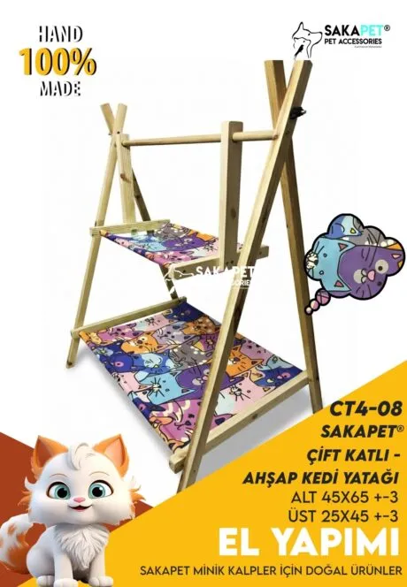 Çift Katlı Ahşap Kedi Yatağı