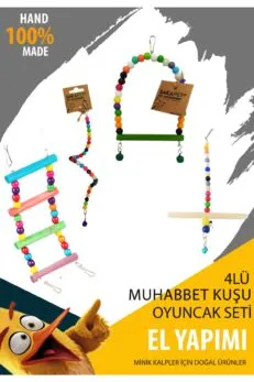 4’lü Muhabbet Kuşu Oyuncak Seti – El Yapımı Ahşap ve Boncuklu Kuş Oyuncakları