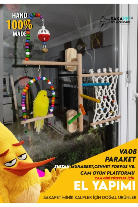 Paraket Cam Oyun Platformu VA08 | Vantuzlu Ahşap Kuş Oyun Alanı | Sakapet