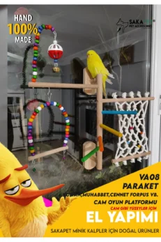 Paraket Cam Oyun Platformu VA08 | Vantuzlu Ahşap Kuş Oyun Alanı | Sakapet