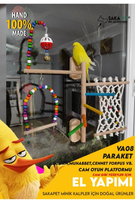 Paraket Cam Oyun Platformu VA08 | Vantuzlu Ahşap Kuş Oyun Alanı | Sakapet