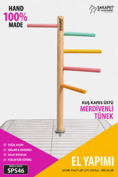 Muhabbet kuşu, sultan papağanı, cennet papağanı, sevda papağanı ve forpus için kafes üstü merdivenli tünek. Doğal ahşap, sağlam, kolay kurulumlu ve el yapımı Sakapet ürünü.