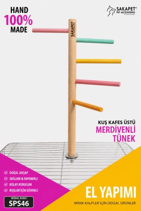 Muhabbet kuşu, sultan papağanı, cennet papağanı, sevda papağanı ve forpus için kafes üstü merdivenli tünek. Doğal ahşap, sağlam, kolay kurulumlu ve el yapımı Sakapet ürünü.