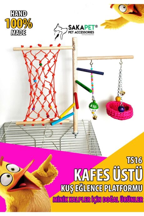 Kafes Üstü Ahşap Kuş Oyun Platformu Tırmanma Halatlı | Kafes Üstü Kuş Tüneği | Sakapet