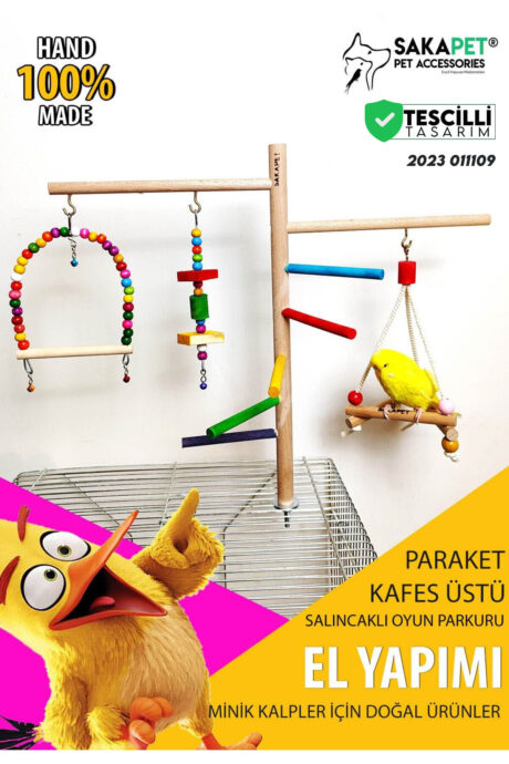 Kafes Üstü Ahşap Kuş Oyun Platformu Salıncaklı | Kafes Üstü Kuş Tüneği | Sakapet