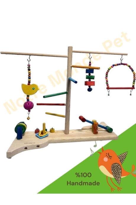 Doğal Ahşap Kuş Tüneği Salıncaklı Zilli Stres Oyuncaklı Oyun Parkuru SAKAPET
