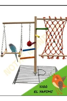 Kafes Üstü Ahşap Kuş Oyun Platformu Salıncaklı Zilli Tırmanma Halatlı 40 cm | Kafes Üstü Kuş Tüneği | Sakapet